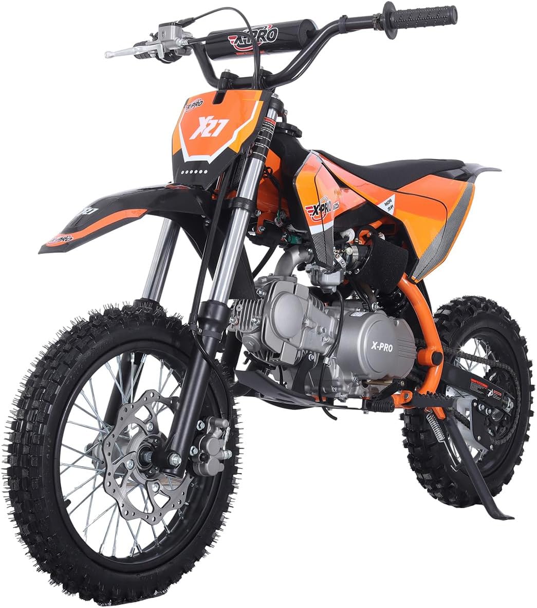 X-PRO X27 125cc Dirt Bike with 4-Speed Semi-Automatic Transmission, Kick Start, Big 14"/12" Tires! Cradle Type Steel Tube Frame!