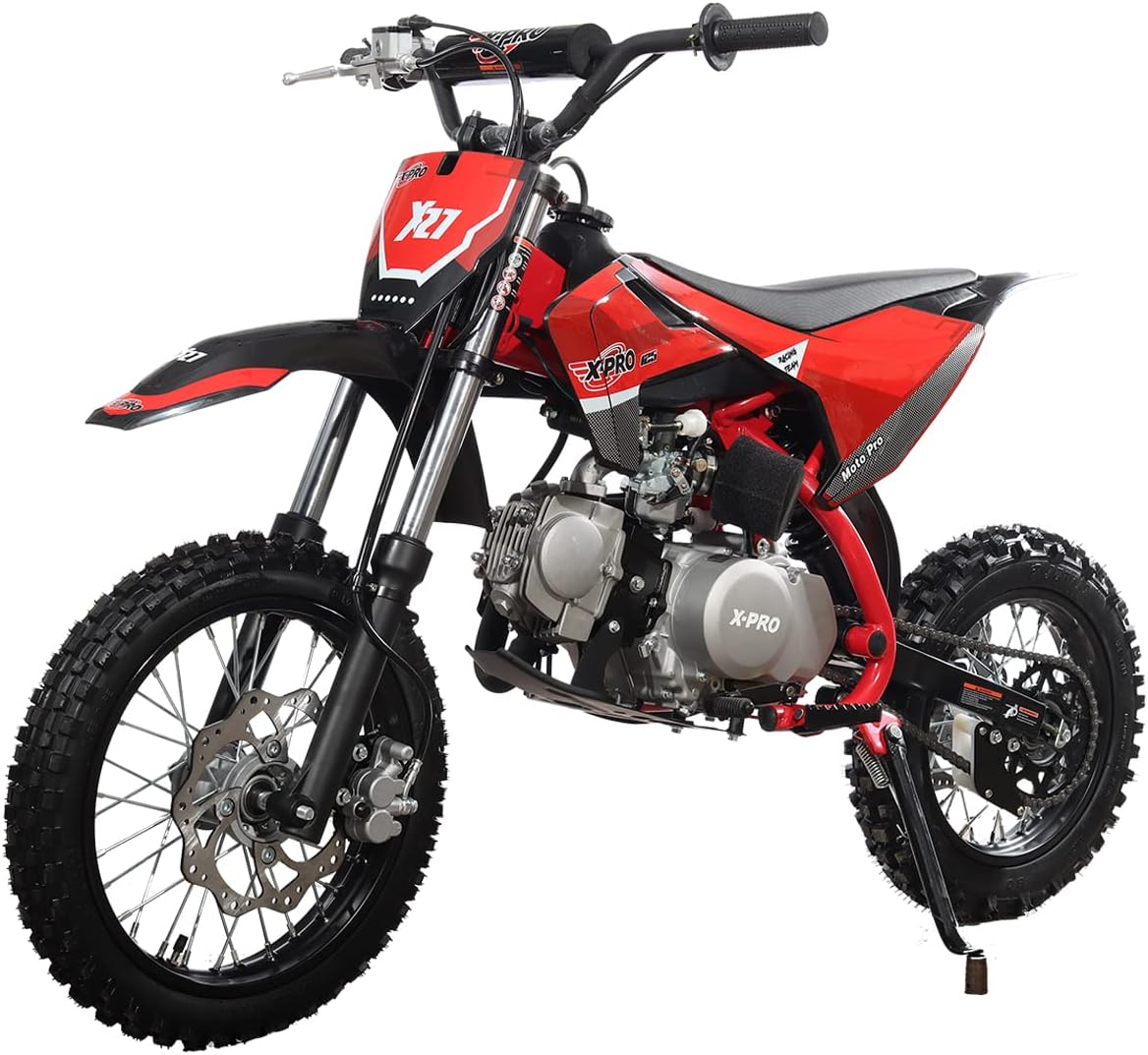 X-PRO X27 125cc Dirt Bike with 4-Speed Semi-Automatic Transmission, Kick Start, Big 14"/12" Tires! Cradle Type Steel Tube Frame!